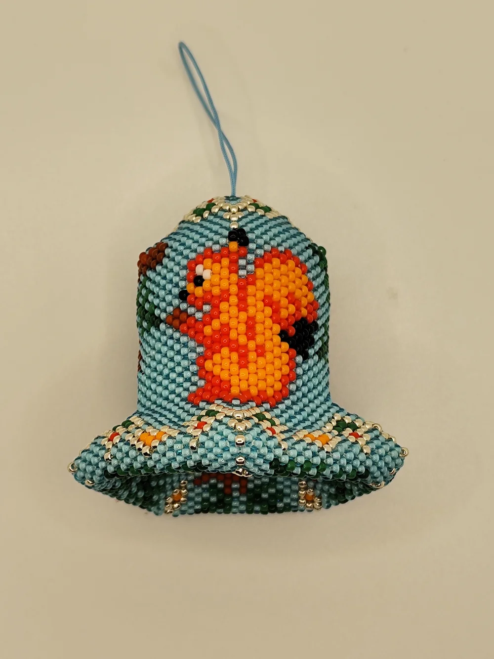 Handmade Blue Beaded Bell Ornament with Orange Squirrel Design